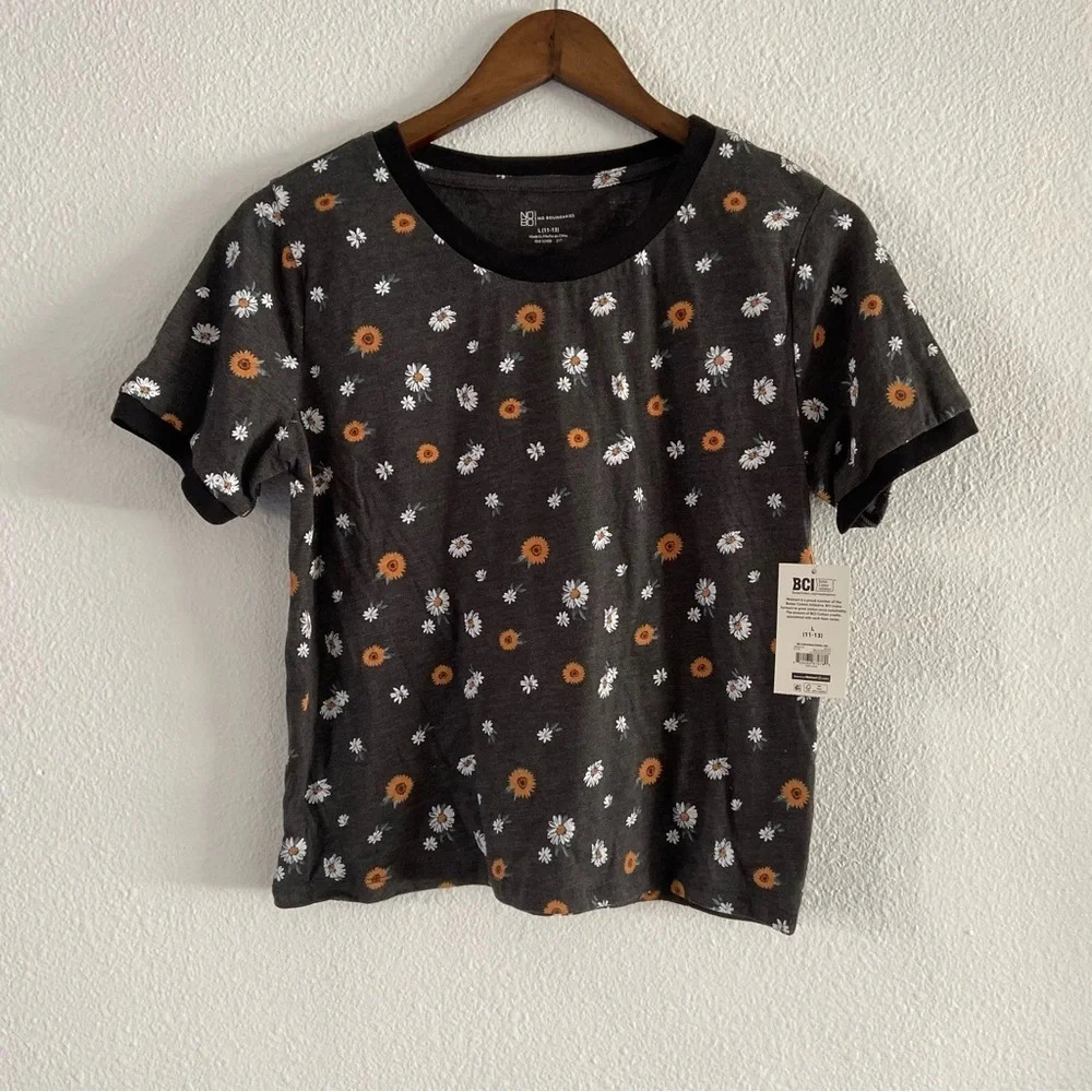 Floral Ringer Tee Charcoal Short Sleeve Girls Juniors Crop Large (11-13) NEW - Picture 15 of 16